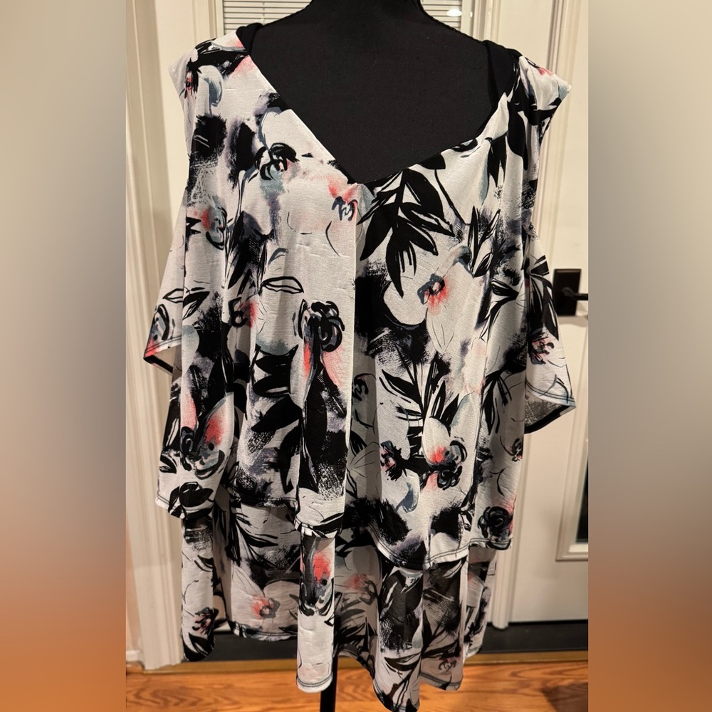 Lane Bryant White and Black Floral Cold Shoulder Blouse Size 22/24